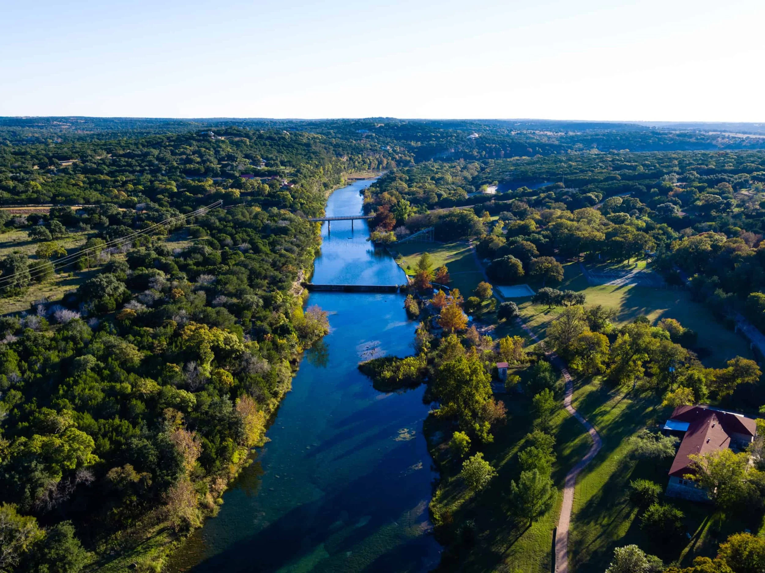 Aerial view of the Mo-Ranch property, looking up the Guadalupe River