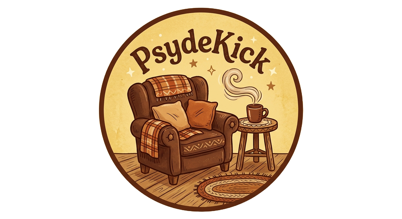 A cozy living room corner with a cushioned armchair draped with a plaid blanket, two pillows, a small round side table with a steaming mug of coffee, a woven rug on wooden floor, and the word 'PsydeKICK' written above.