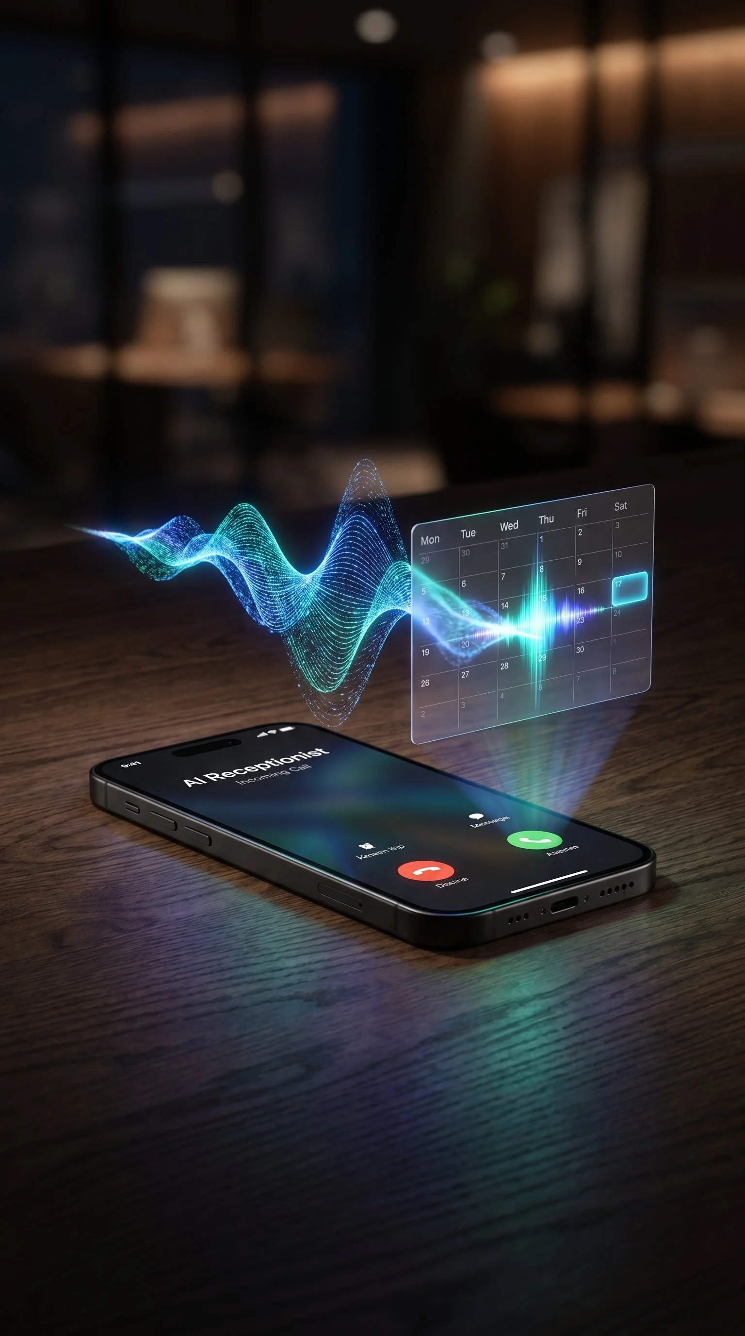 Smartphone on a wooden table displaying an incoming call from 'AI Receptionist.' Augmented reality holographic display shows a calendar and waveform projections.