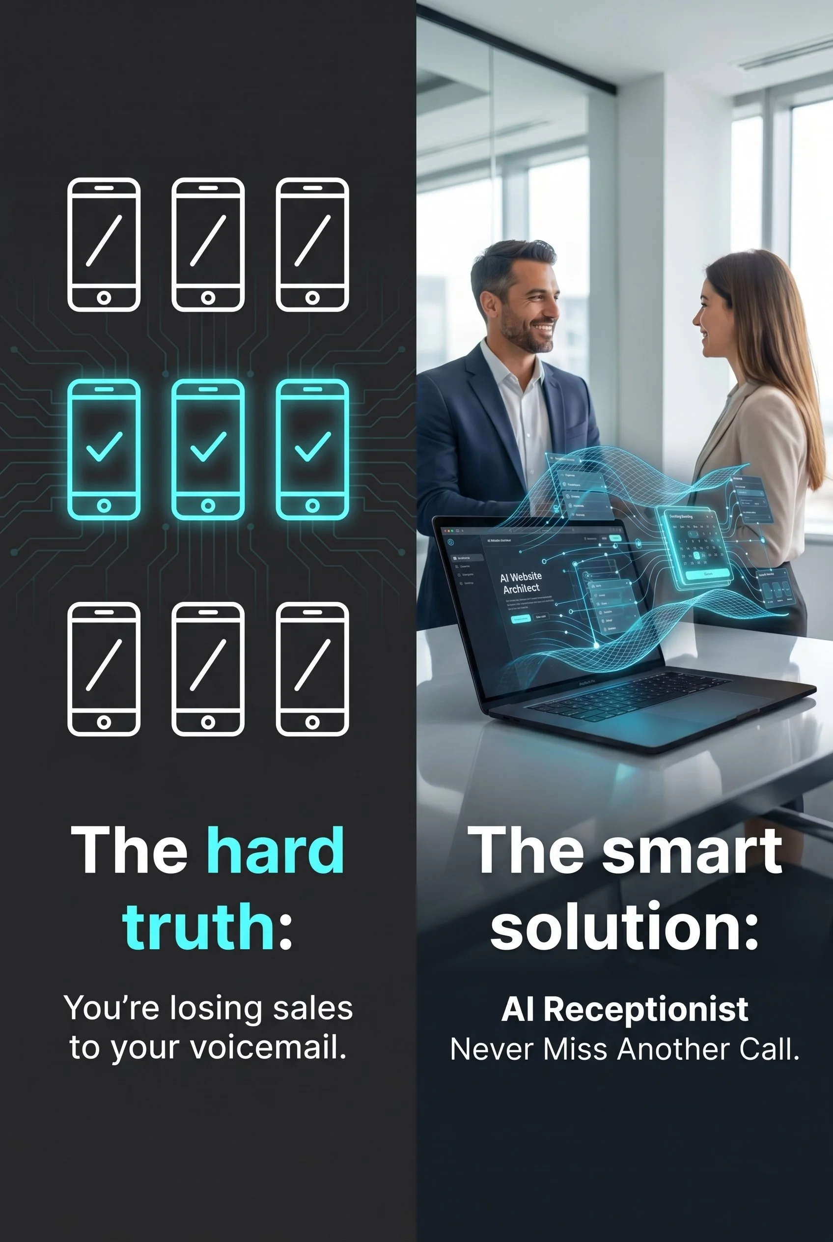 Comparison of two approaches: the left side shows a visual of multiple mobile phones with a message indicating losing sales to voicemail, and the right side shows a professional woman and a man smiling in discussion with digital elements representing AI technology, emphasizing AI as the solution.