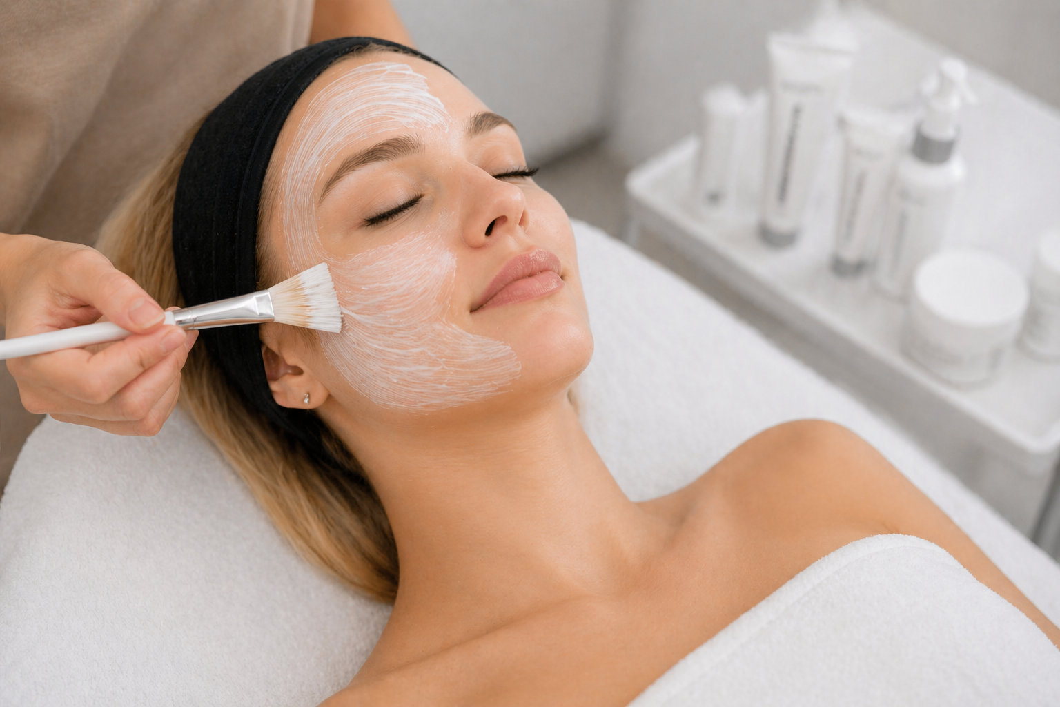 Frau erhält eine Gesichtsmassage im Spa, während sie entspannt auf einer Liege liegt.