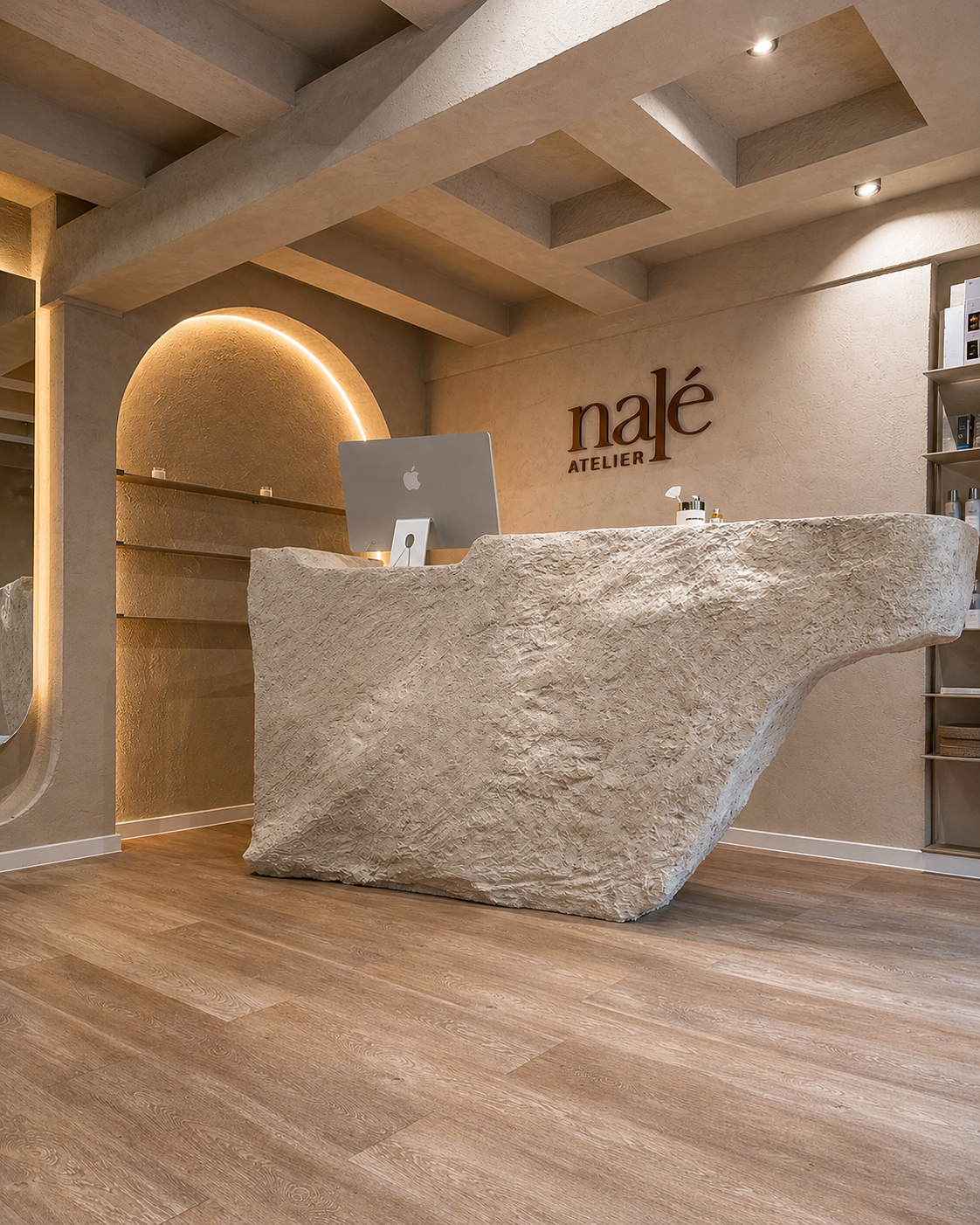 Innenaufnahme eines modernen Empfangsbereichs mit einer natursteinfarbenen Rezeption, einem Apple-Computer, an den Wänden ist das Logo 'nálé ATELIER' zu sehen, helle Decken mit Akzentbeleuchtung, Holzfußboden.