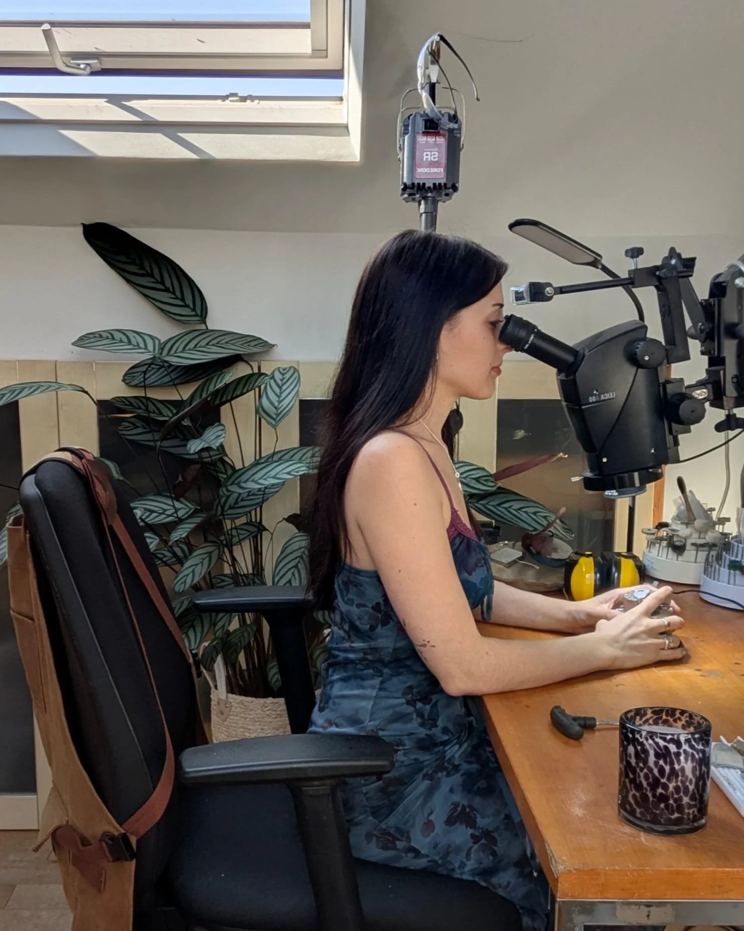 A woman sitting at a desk looking through a microscope, with a plant in the background and a window above. There are various personal items and equipment on the desk.