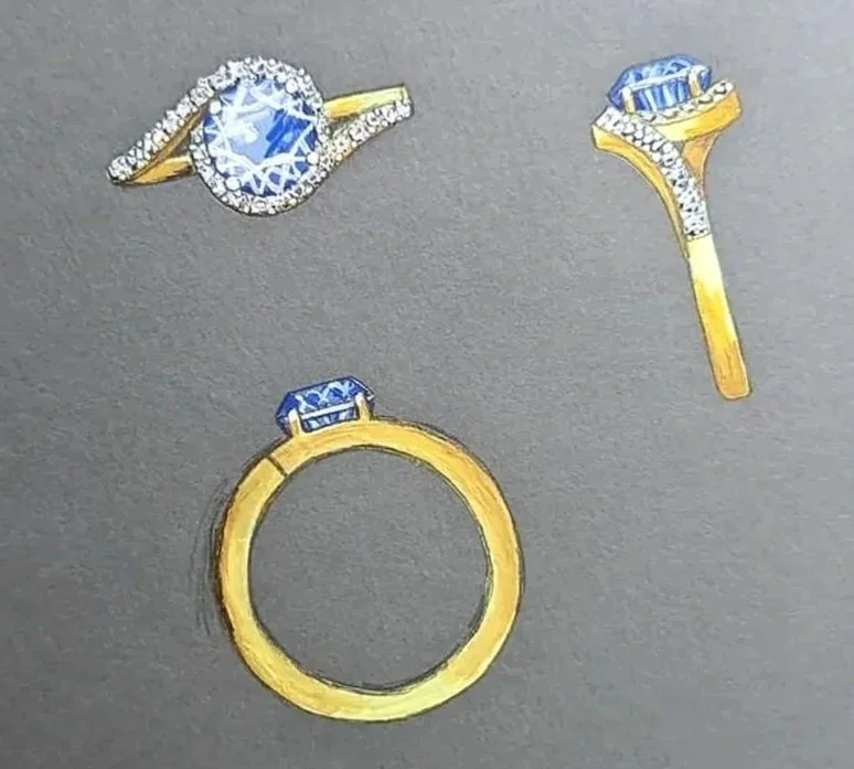 Drawing of a gold engagement ring and a diamond ring with blue gemstones, viewed from different angles.