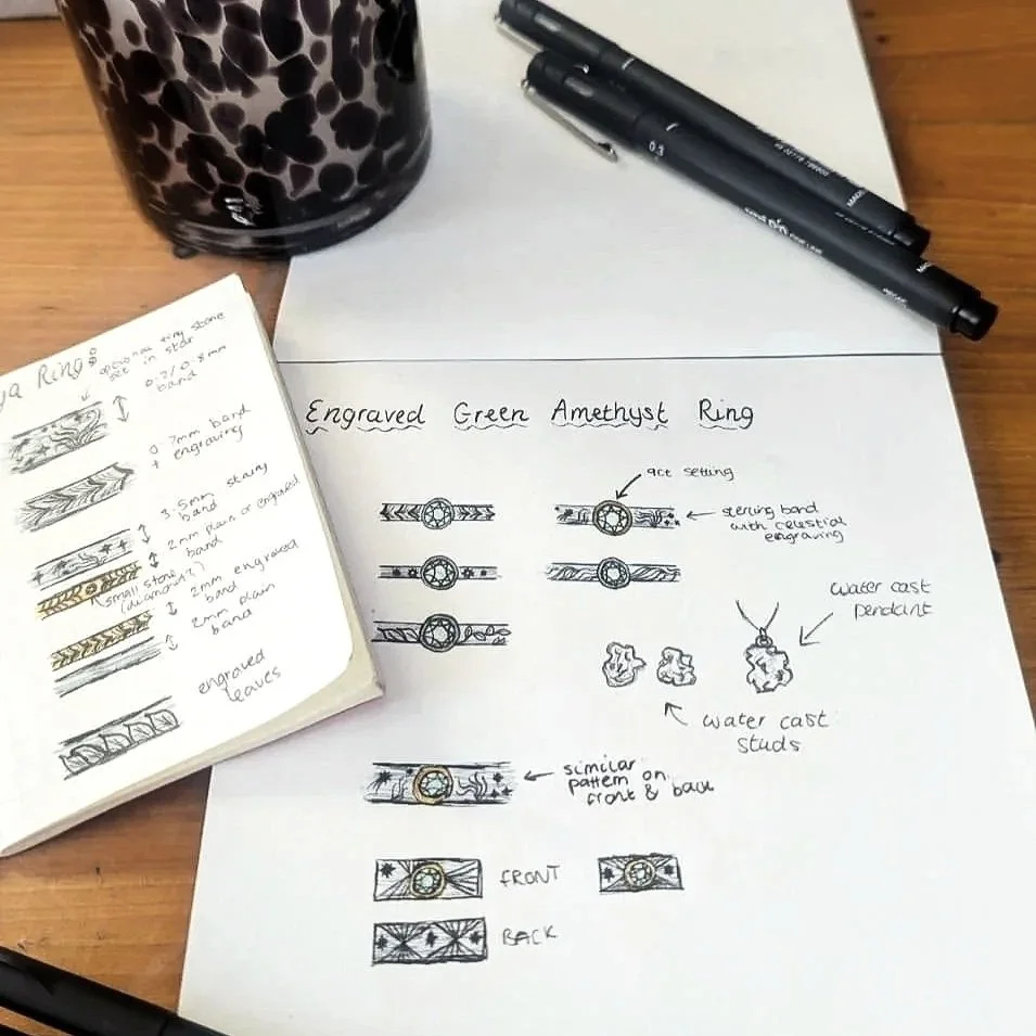 Sketch and notes illustrating the design of an engraved green amethyst ring, including pattern details, water cast pendant, and front and back views, with drawing pens on the paper.