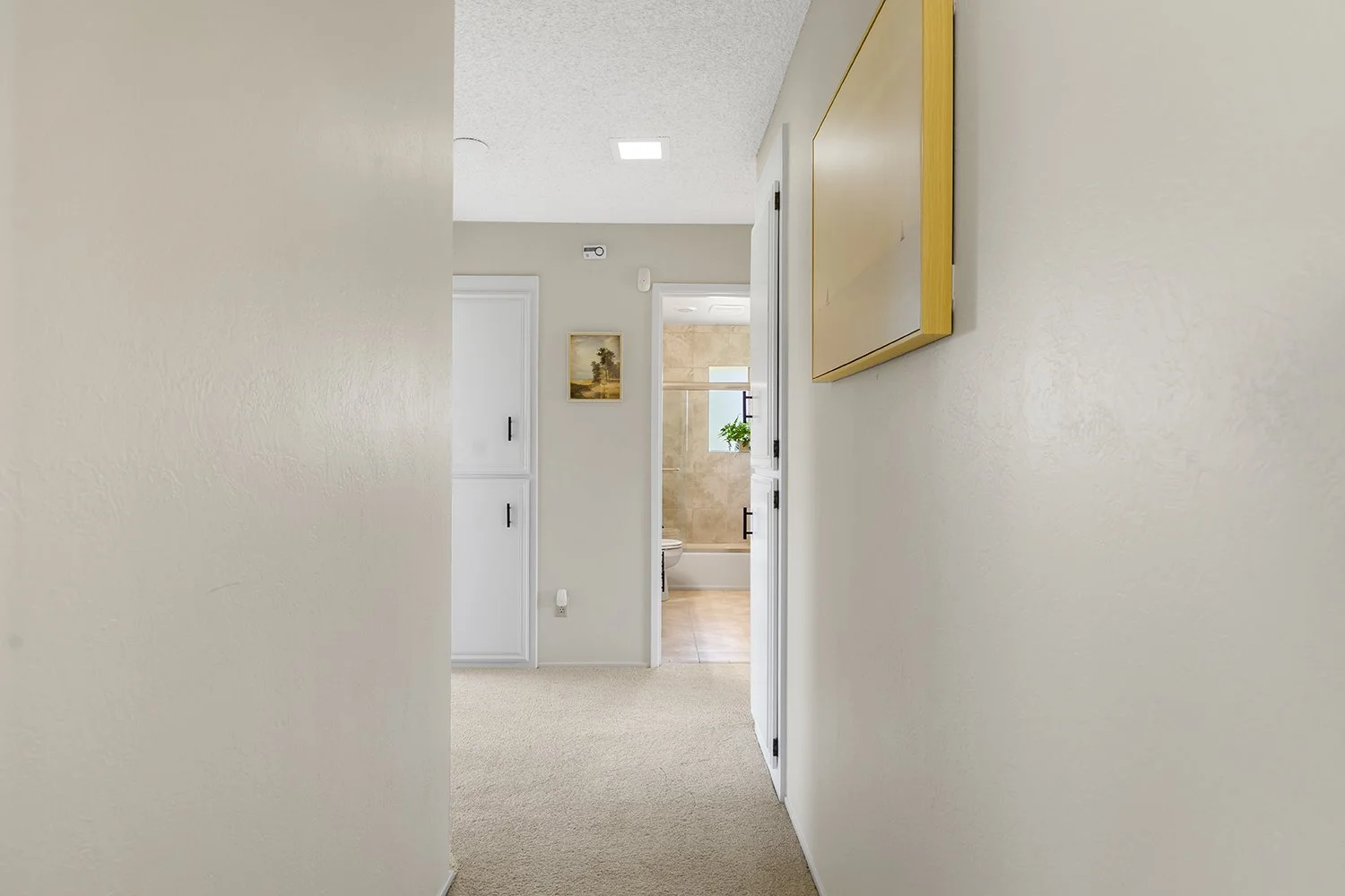 Hallway leading to a bathroom with visible shower, toilet, window, and potted plant; hallway has white walls and beige carpet, with artwork on wall and cabinetry on left.