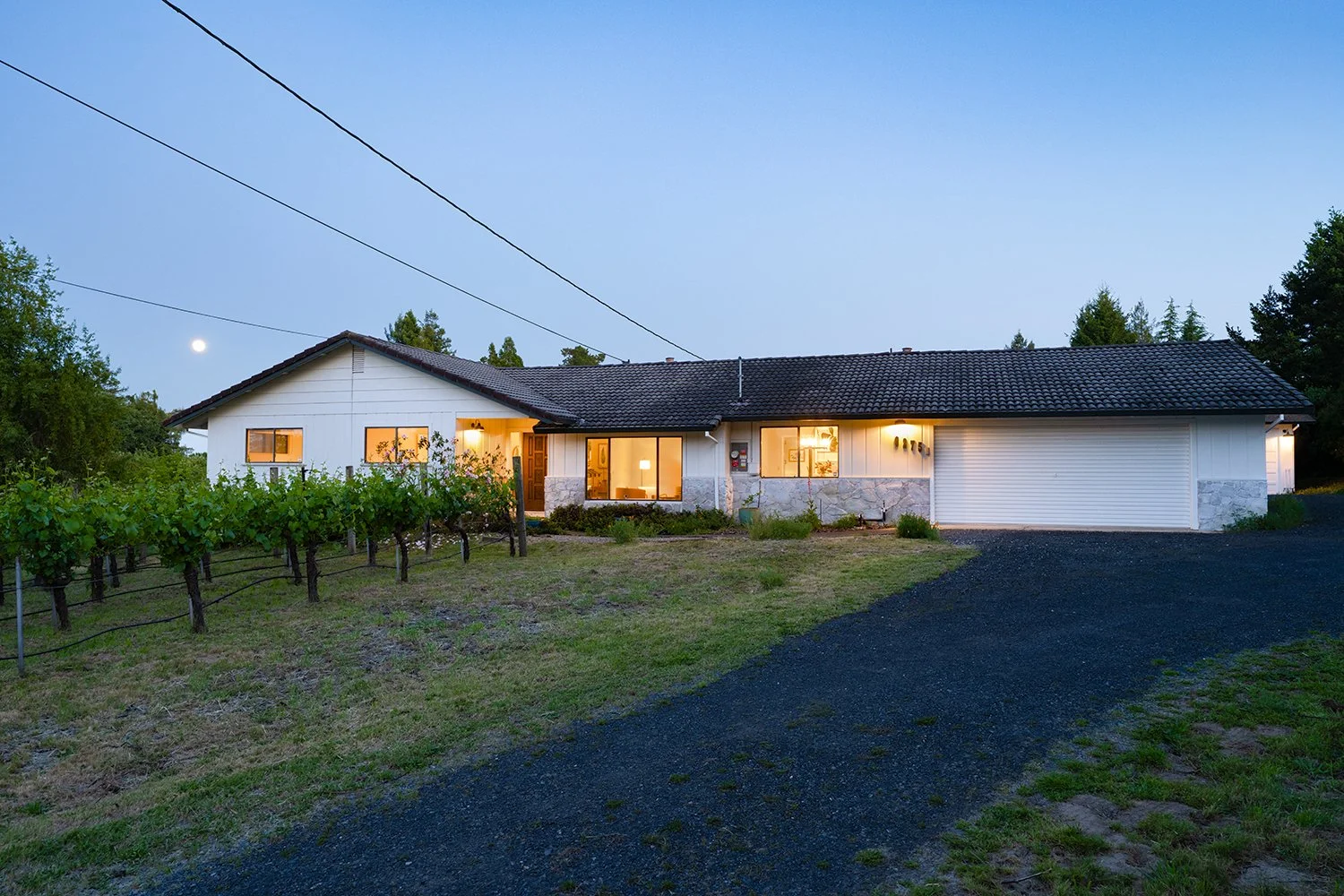 A single-story house at dusk with a dark tiled roof, white exterior walls, and large windows. A vineyard is in the front yard, and a dark gravel driveway leads up to the garage. The sky is clear with a visible moon and some trees surround the propert