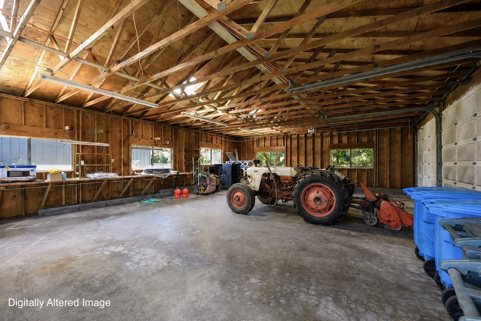 Empty garage with a tractor, blue storage bins, and workbench along the wall, unfinished wood interior, concrete floor, windows on side walls, garage door on right side.