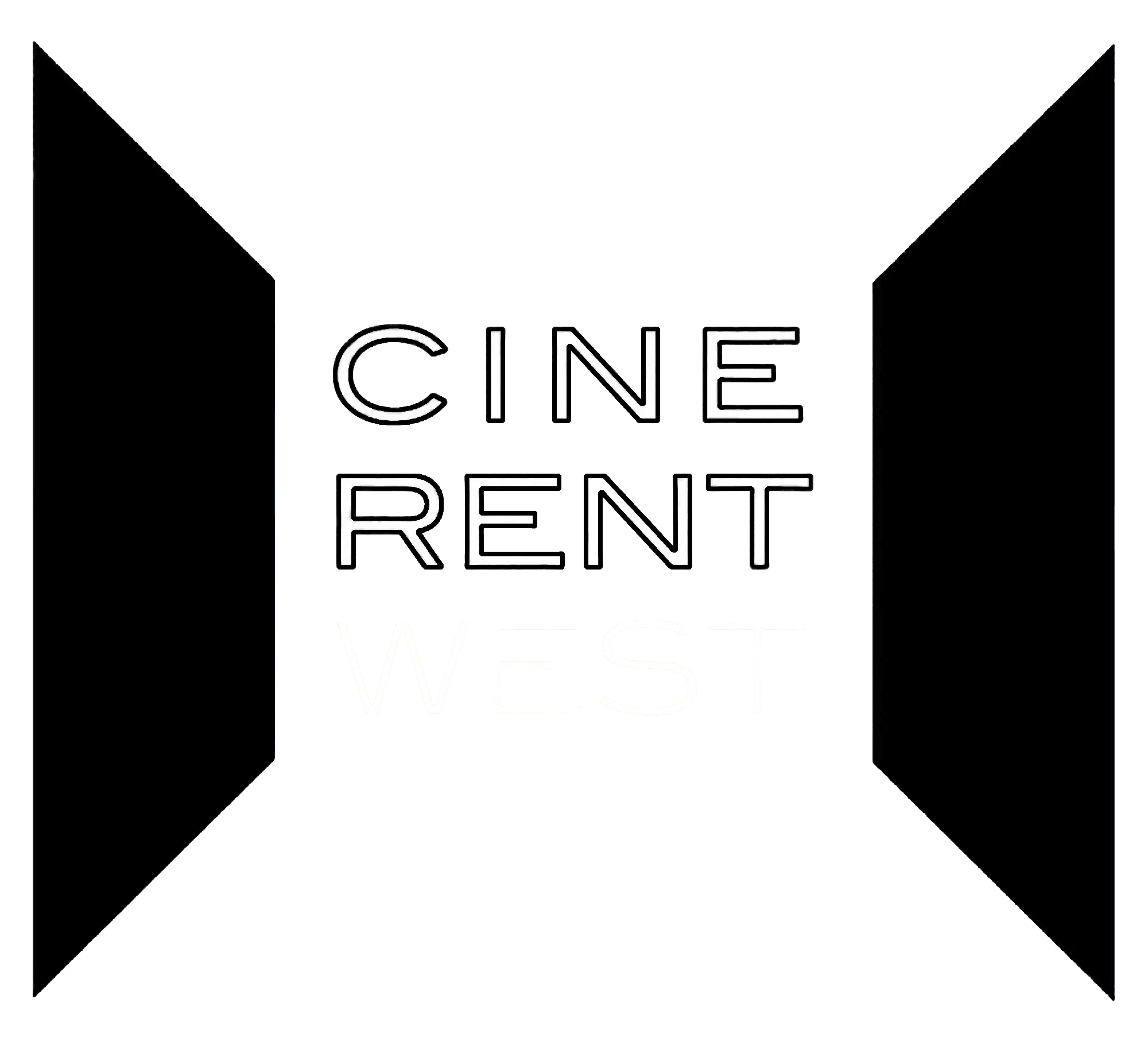 Black background with a white geometric design and the words 'CINE RENT WEST' in white capital letters.