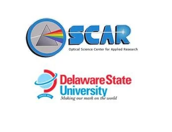 Logo of the Optical Science Center for Applied Research (SCAR) featuring a prism dispersing light into a rainbow, and the Delaware State University logo with the tagline 'Making our mark on the world'.