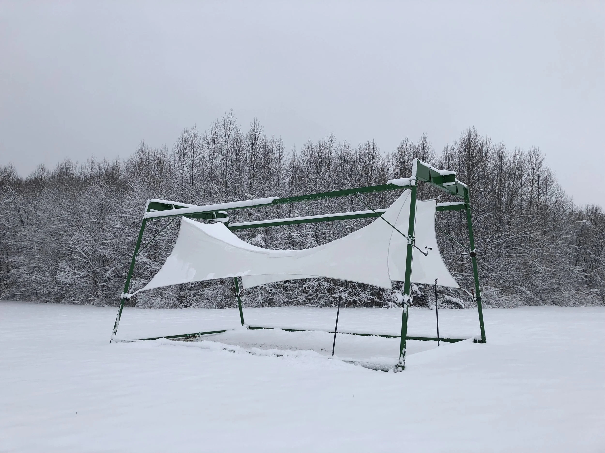 Snow-covered playground structure with a slide and climbing bars, surrounded by a snowy field and bare trees, overcast sky.