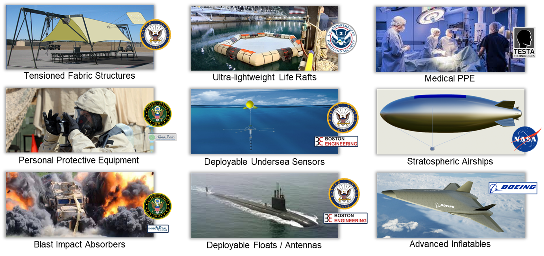 A collage of nine Moonprint programs related to military and aerospace technology, including research laboratories, submarines, aircraft, and military personnel, with logos from U.S. government and defense organizations.