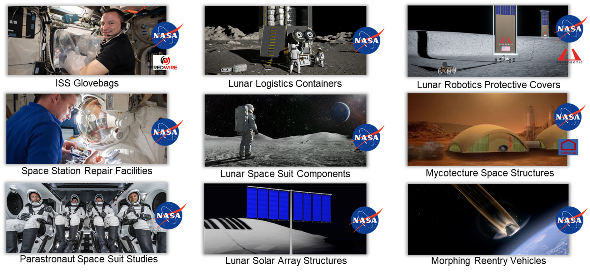 A collage of various Moonprint programs with NASA space exploration images, including astronauts inside a spacecraft, astronauts on the moon's surface, a lunar base, rockets launching, solar panels, and space telescopes, all featuring the NASA logo.