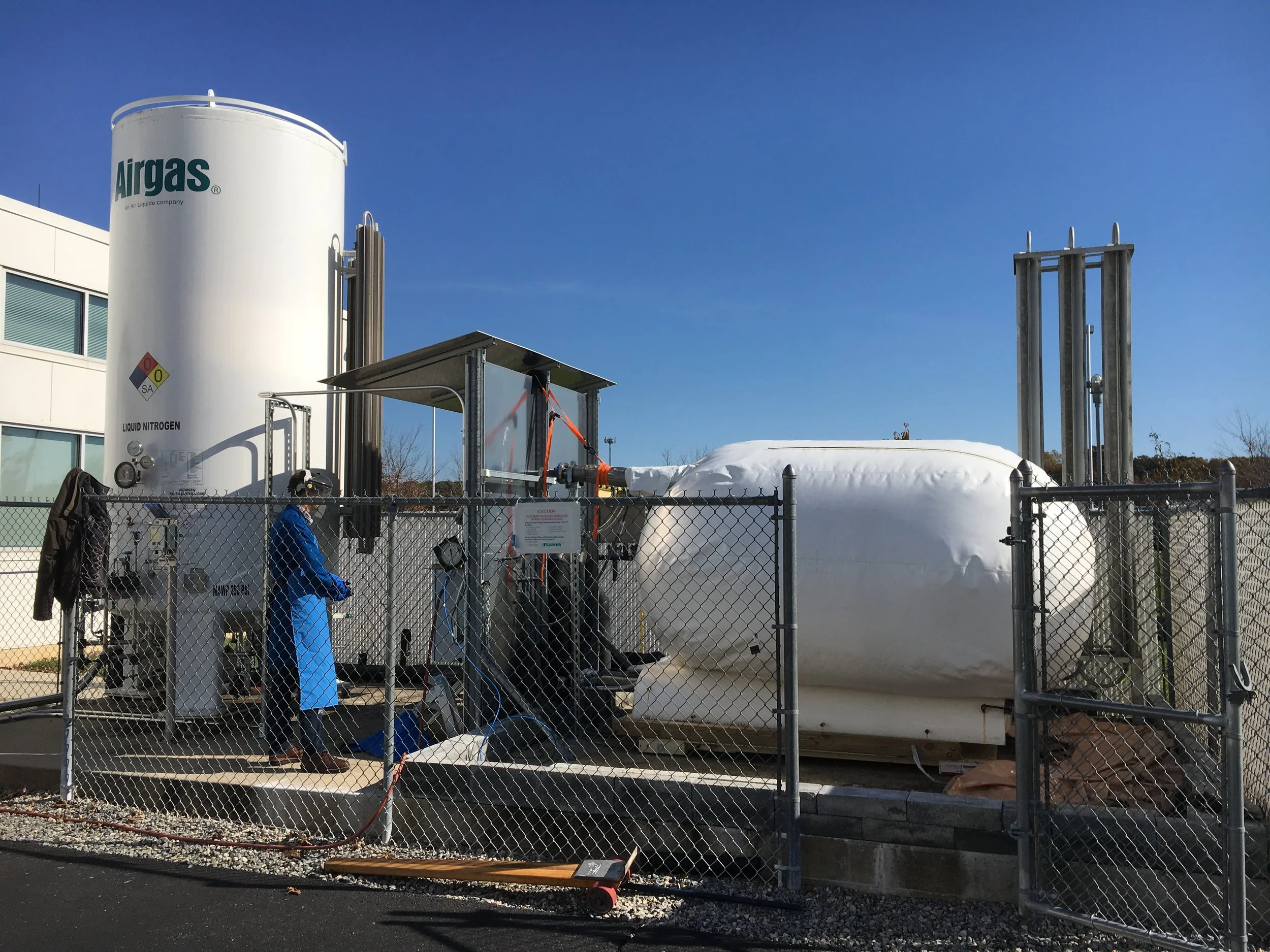 Flexible softgoods cryogenic tank for liquid nitrogen, liquid oxygen, and other cryogens for use in space and on earth.