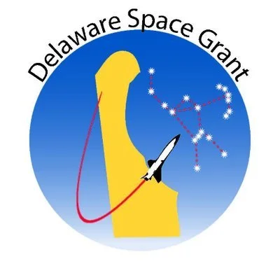 Logo for Delaware Space Grant featuring a yellow hand with a rocket, stars, and a blue background.