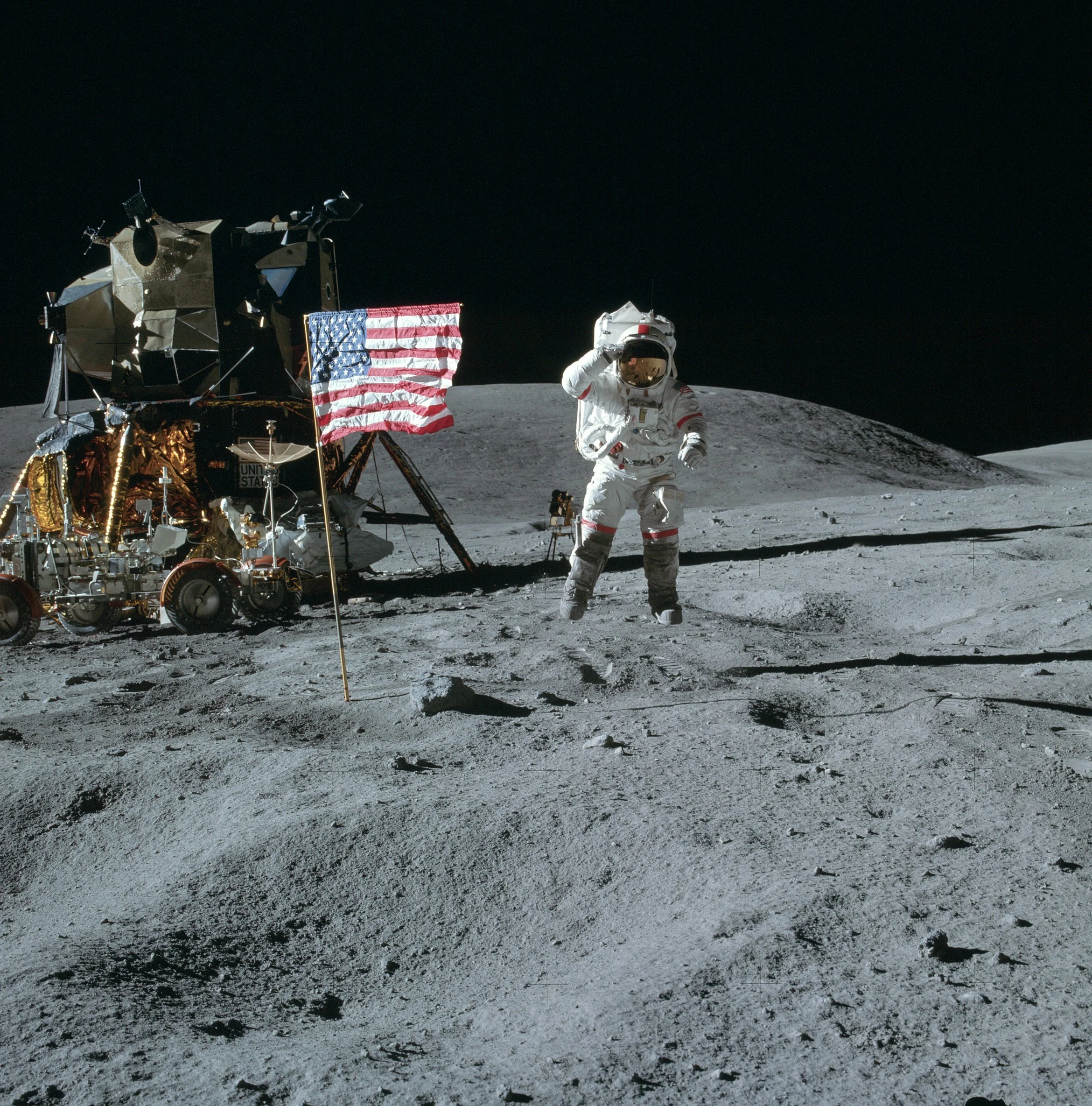 Astronaut in white spacesuit on the moon's surface, saluting, with an American flag planted nearby and a lunar module in the background.