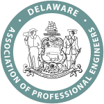 Seal with text 'Delaware Association of Professional Engineers' surrounding a central emblem featuring people and a building.