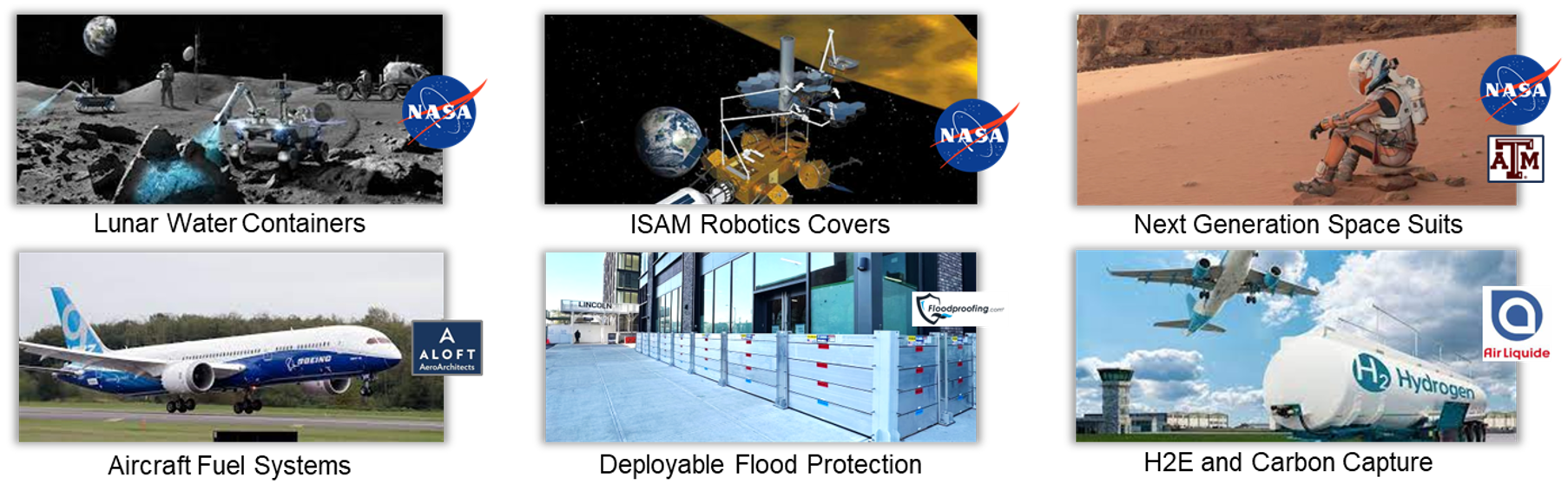 Collage of Moonprint programs showing space exploration, astronaut on Mars, airplane, military, hydrogen fuel, and satellite technology, with NASA, Floodproofing, and Air Liquide