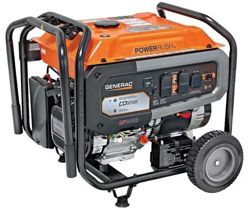 An orange and black portable generator with wheels and handles, labeled Generac Power Rush.