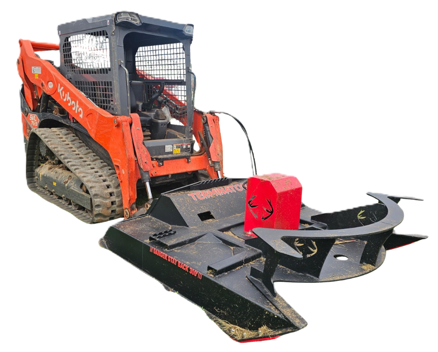 A Kubota compact track loader attached to a Black Widow forestry brush mower, with a red cover featuring deer antler graphics.
