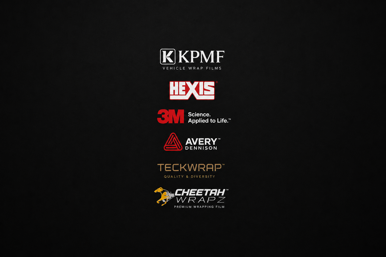 Collection of logos from various brands related to vehicle wrap films, including KPMF, HEXIS, 3M, Avery Dennison, TECKWRAP, and Cheetah WRAPZ, displayed on a black background.