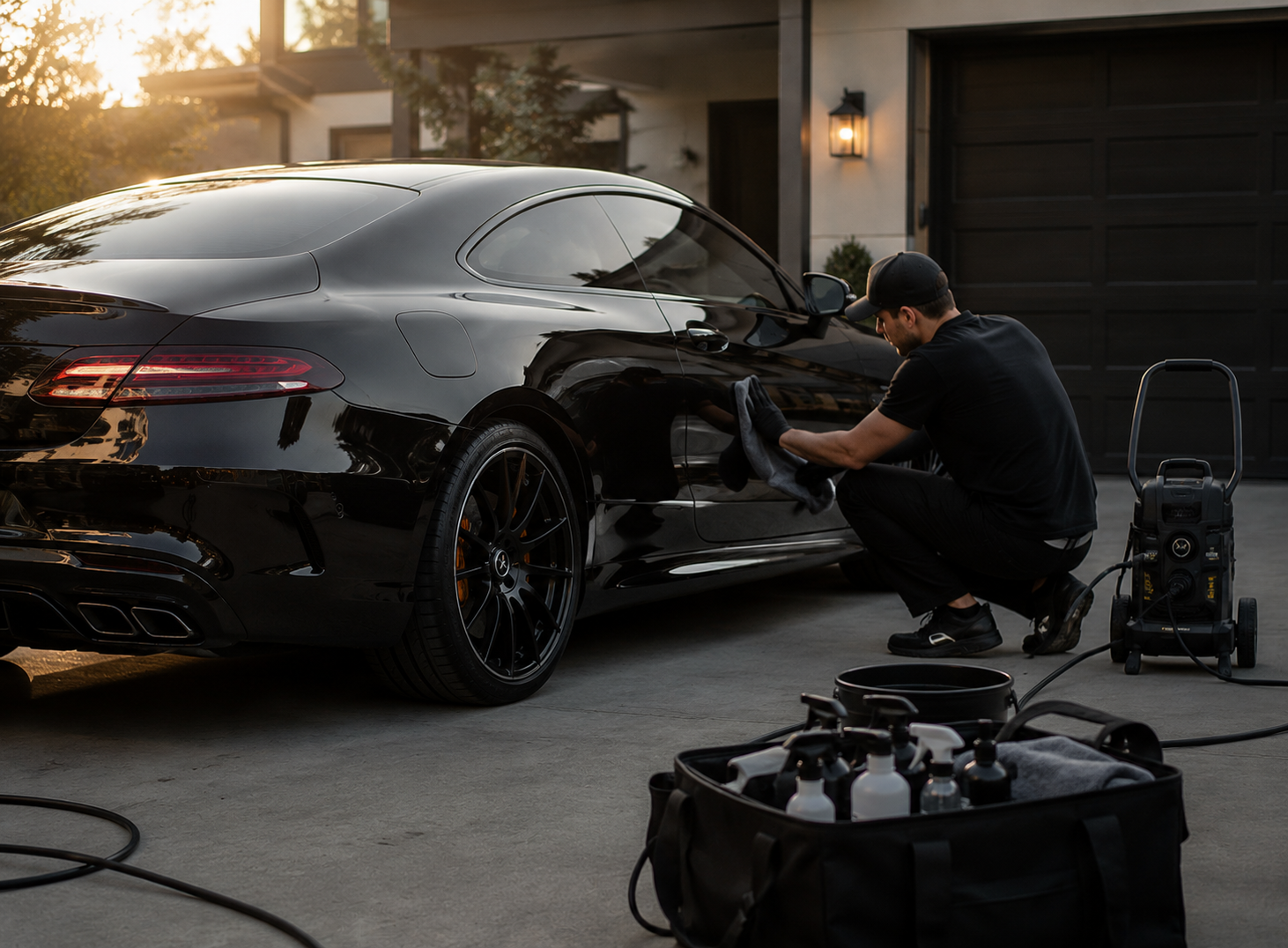 A man polishing a black luxury car in a driveway during sunset, with car cleaning supplies nearby.