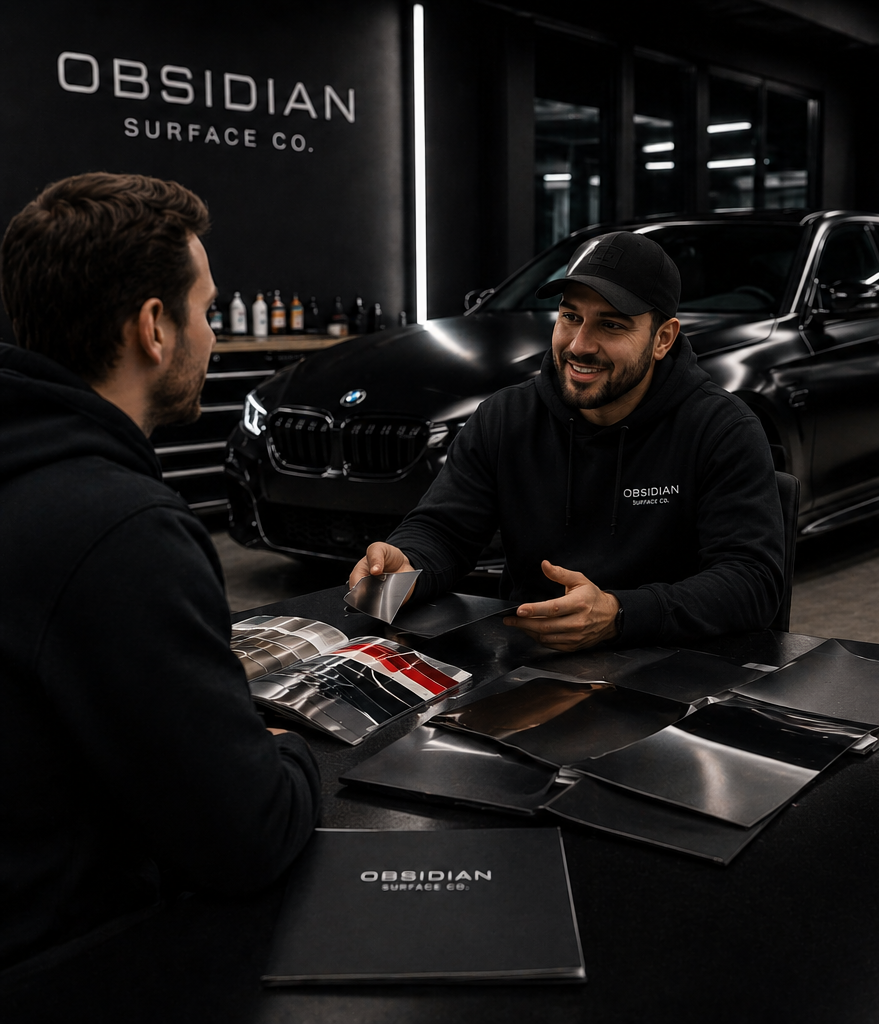 Two men in a showroom discussing car paint options, with a black car and a sign reading "Obsidian Surface Co." behind them.