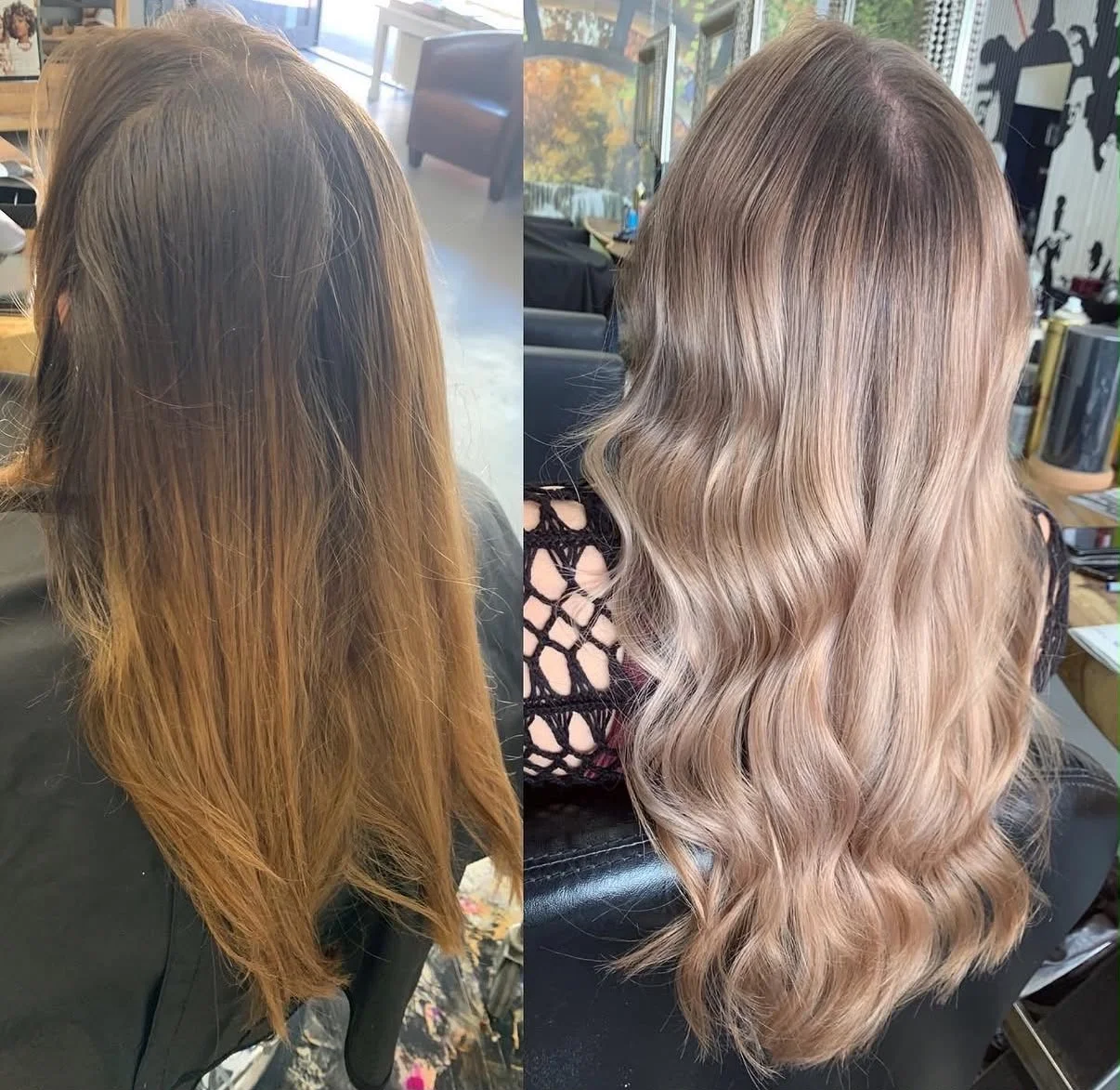 Vorher: Ungeschnittenes, braunes Haar mit Highlights. Nachher: Gelocktes, aufgehelltes Haar mit mehr Volumen.