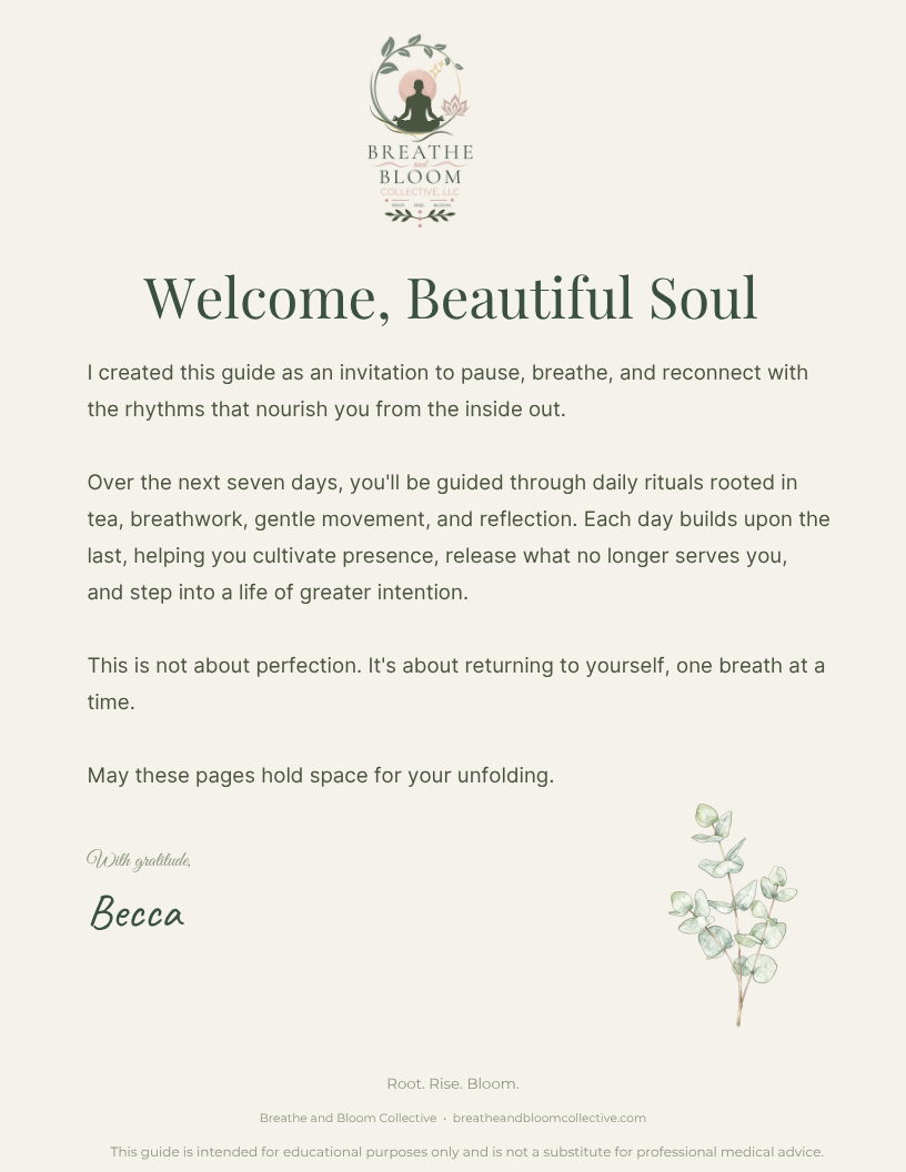 Welcome message from Breathe and Bloom Collective with logo, greenery decorations, and gentle beige background.