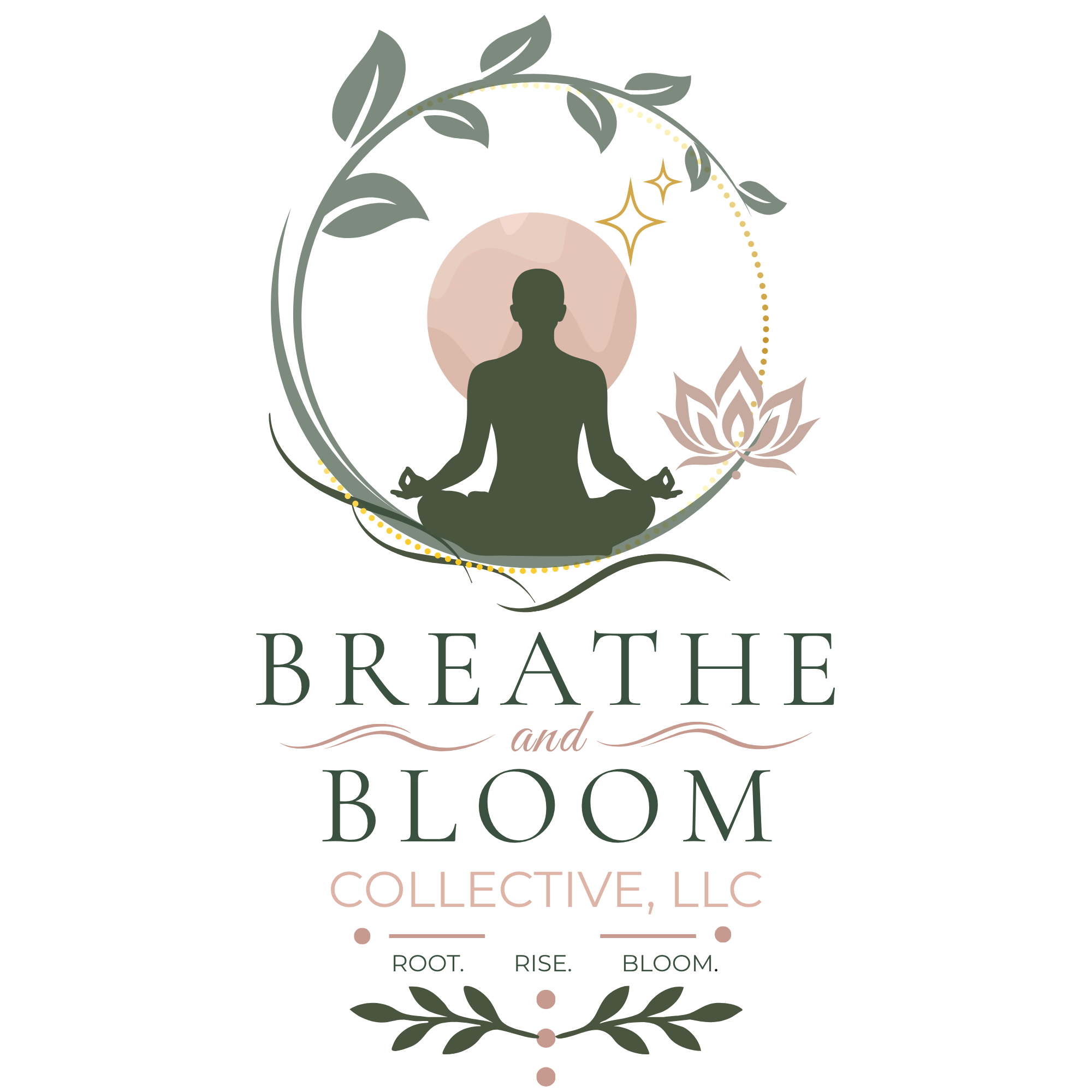 Breathe and Bloom Collective logo with a silhouette of a person meditating next to a lotus flower bloom honoring stillness so one can root, rise, bloom.