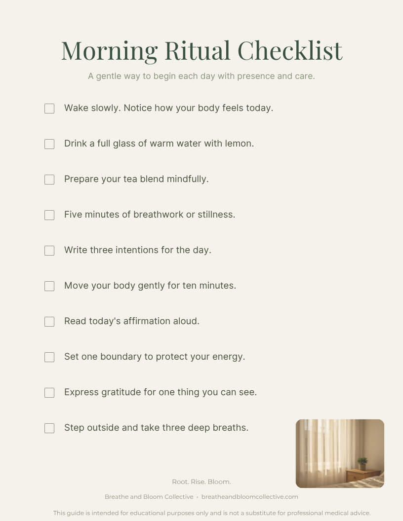Morning Ritual Checklist with a small image of a window with cream-colored curtains, a potted plant, and a wooden nightstand.