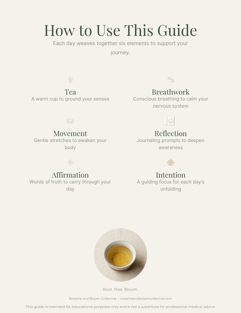 A guide titled 'How to Use This Guide' with six supporting elements: Tea, Breathwork, Movement, Reflection, Affirmation, and Intention. Each element has a brief description. A cup of tea personifies the guide's theme. The bottom text reads 'Root. Rise. Bloom.' and includes a website address and a disclaimer.