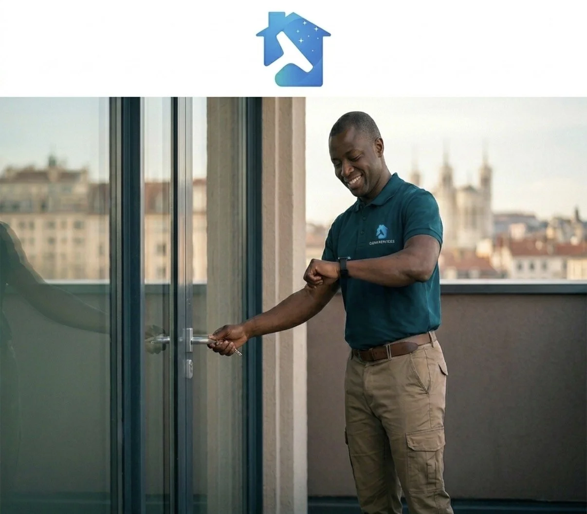 Homme souriant qui regarde sa montre en ouvrant une porte en verre sur un balcon, avec un logo de maison et marteau en haut de l'image, portant un polo bleu avec un logo.