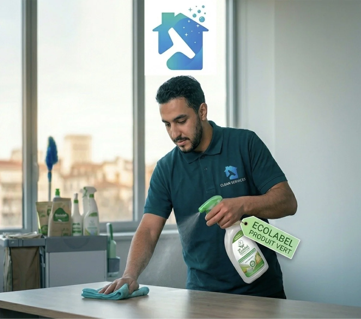 Un homme en polo de service de nettoyage avec logo nettoie une table avec un produit de nettoyage vert. Il tient une bouteille de produit écologique labelé "produit vert" et porte un badge "ECO LABEL PRODUIT VERT". Il y a des bouteilles de nettoyage sur une table à côté de lui et un symbole d'un maison avec un marteau dessus dans le fond.