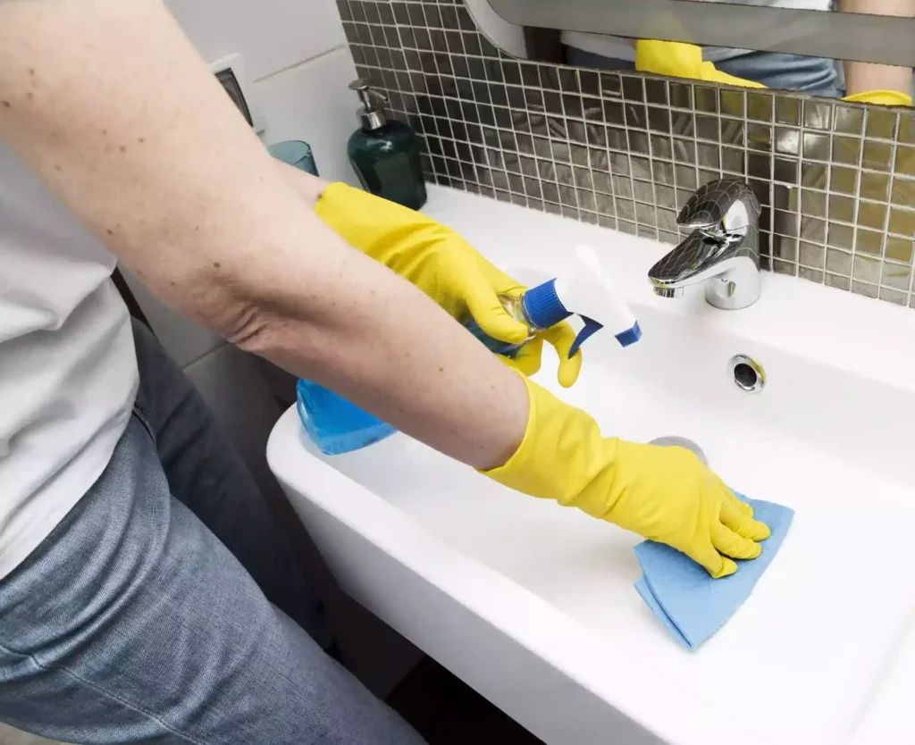 Une personne portant des gants jaunes nettoie un lavabo blanc avec un chiffon bleu et un spray de nettoyage.