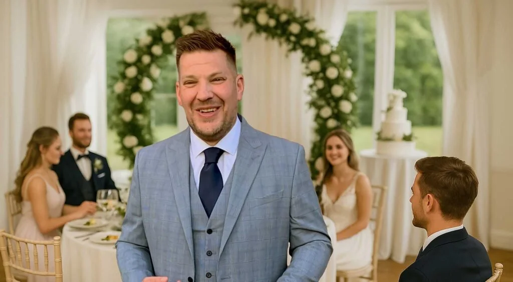 A man in a light blue suit smiling at a wedding reception, with a table of guests including women in dresses and a man in a dark suit in the background, and a wedding cake on a table behind him.