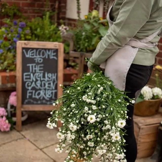 A person holding a large bunch of white daisies outside a flower shop. There is a chalkboard sign in the background that reads 'Welcome to the English Garden Florist'.
