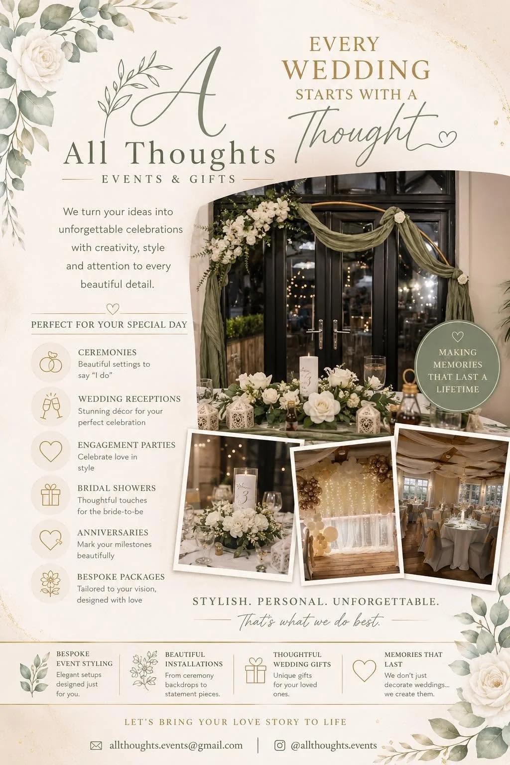 Decorative advertisement for All Thoughts Events & Gifts featuring wedding decorations, tables, balloons, and floral arrangements.