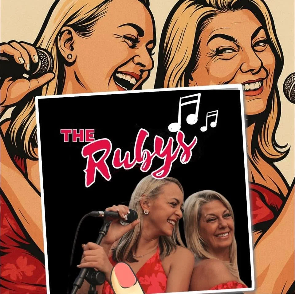 Illustration of two women singing into microphones with a poster that reads "The Rubys" and features a picture of the same two women smiling and looking at each other, with musical notes above them.