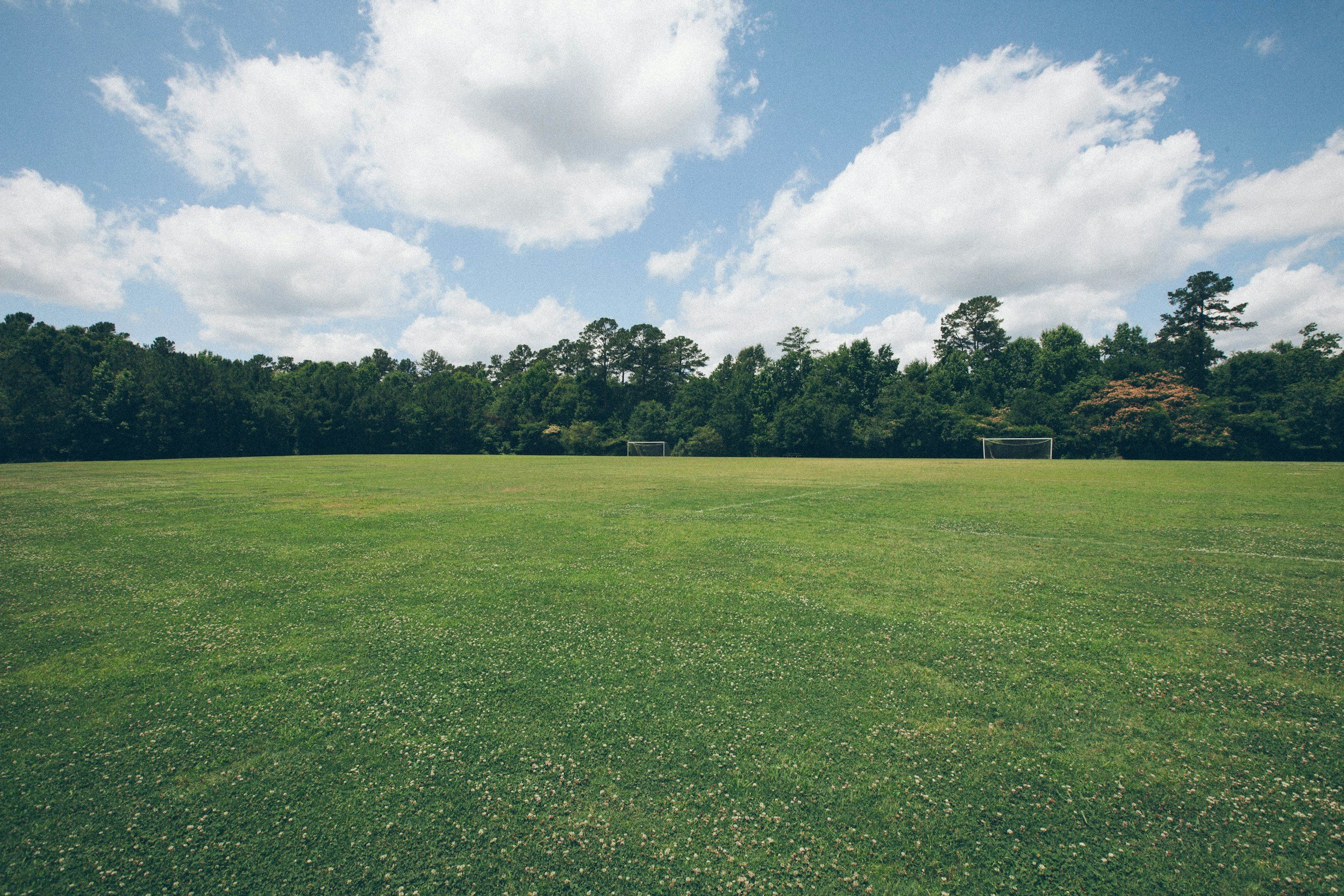 An open grassy field with two soccer goals in the distance, surrounded by dense trees under a partly cloudy sky.