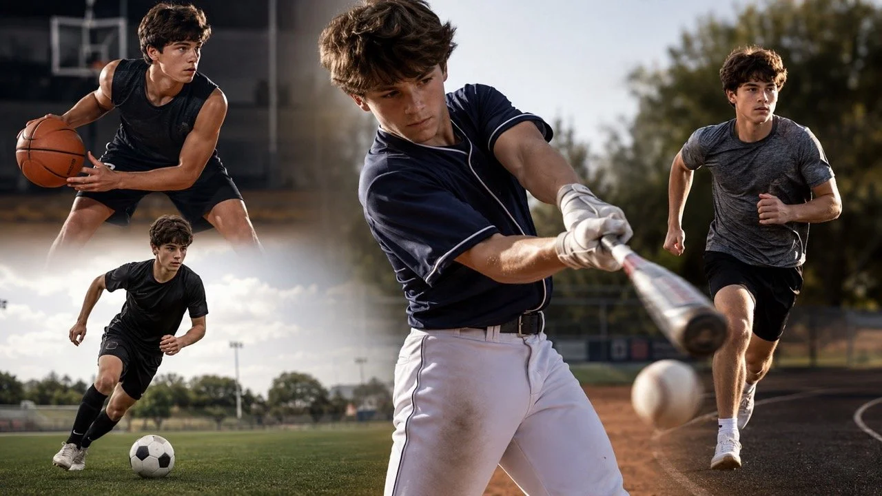 Collage of a young boy playing basketball, soccer, and baseball, showcasing different sports activities.