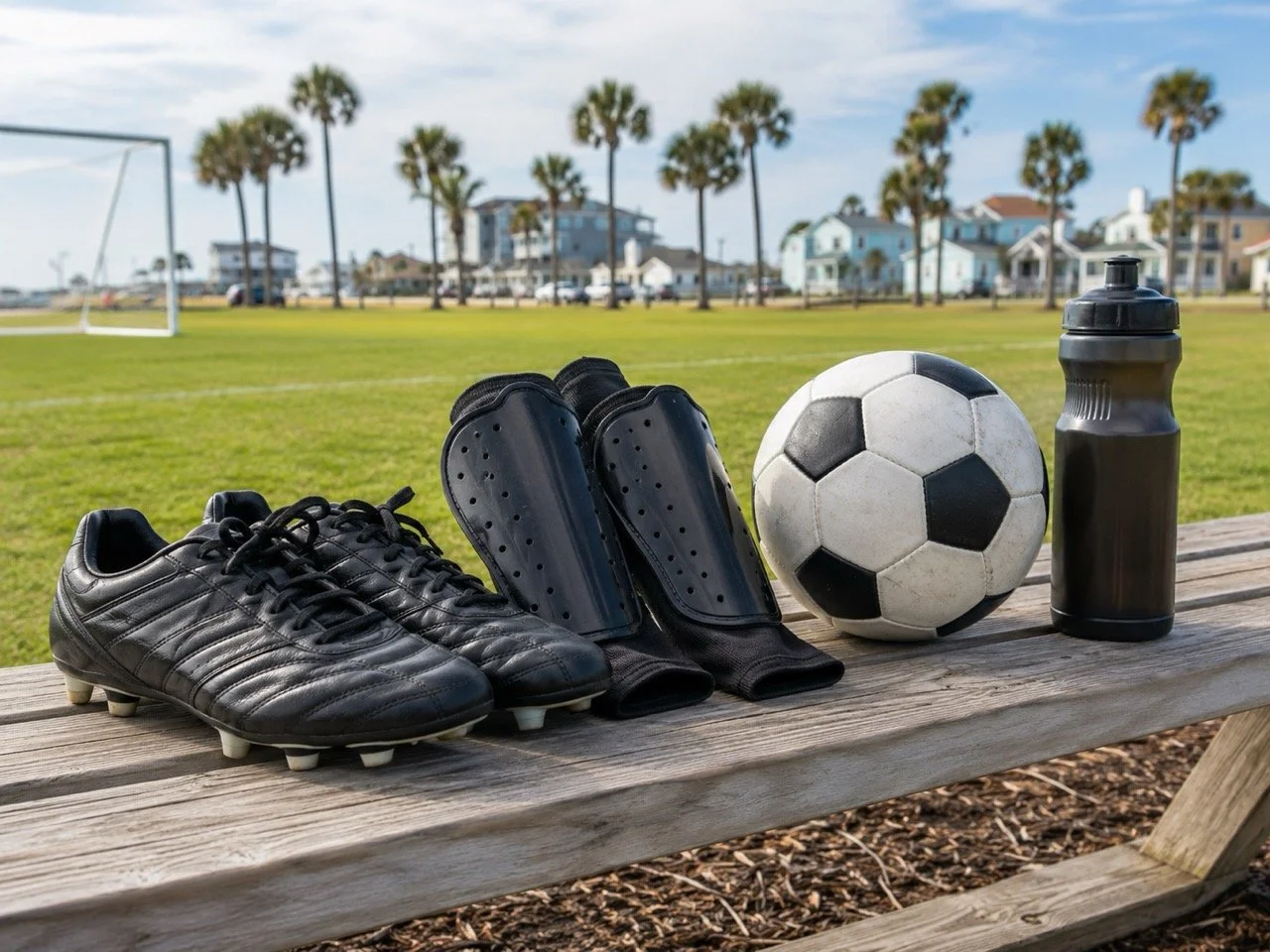 Soccer cleats, shin guards, a soccer ball, and a water bottle on a bench at an outdoor soccer field with houses, palm trees, and goalposts in the background.