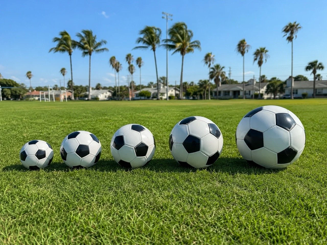 Five soccer balls of increasing size lined up on a grassy field with palm trees and houses in the background under a blue sky.