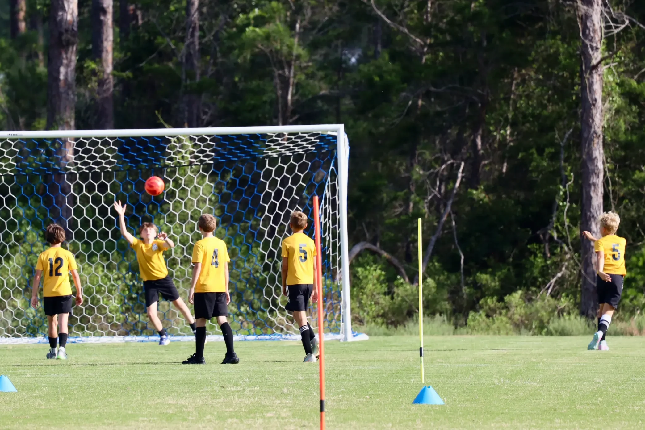 Children practicing soccer on a field with hurdles and cones, aiming at a goal with a soccer ball in mid-air near the goalpost, surrounded by tall trees.