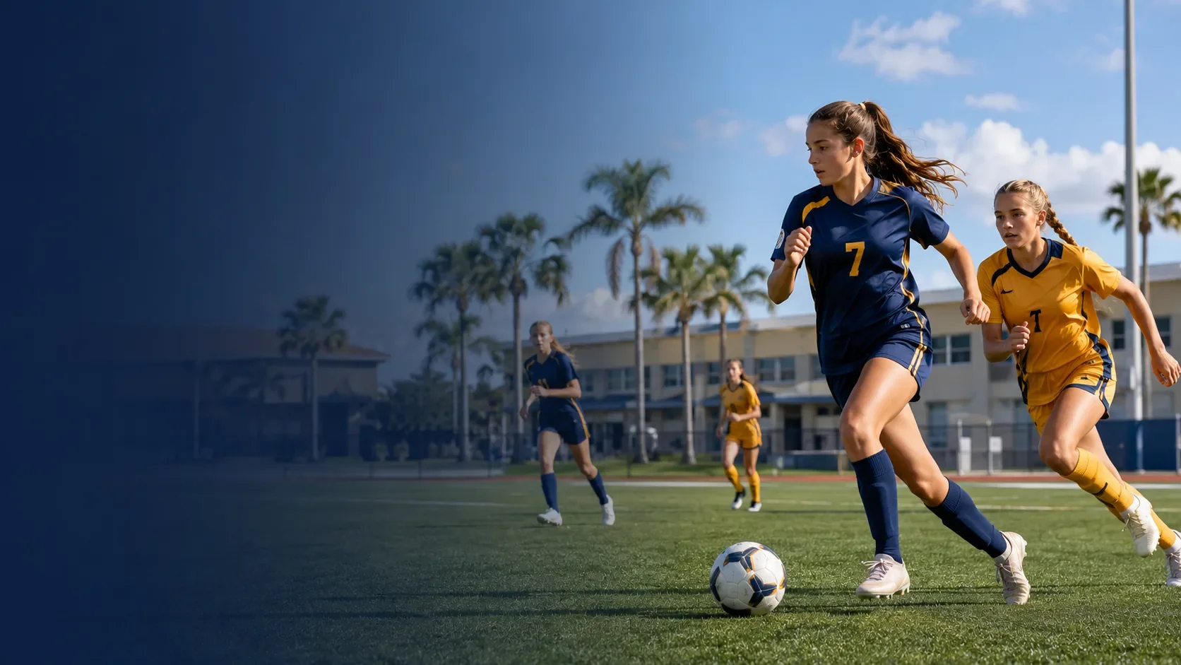 Young female soccer players in blue and yellow uniforms playing on a field with palm trees and a building in the background.