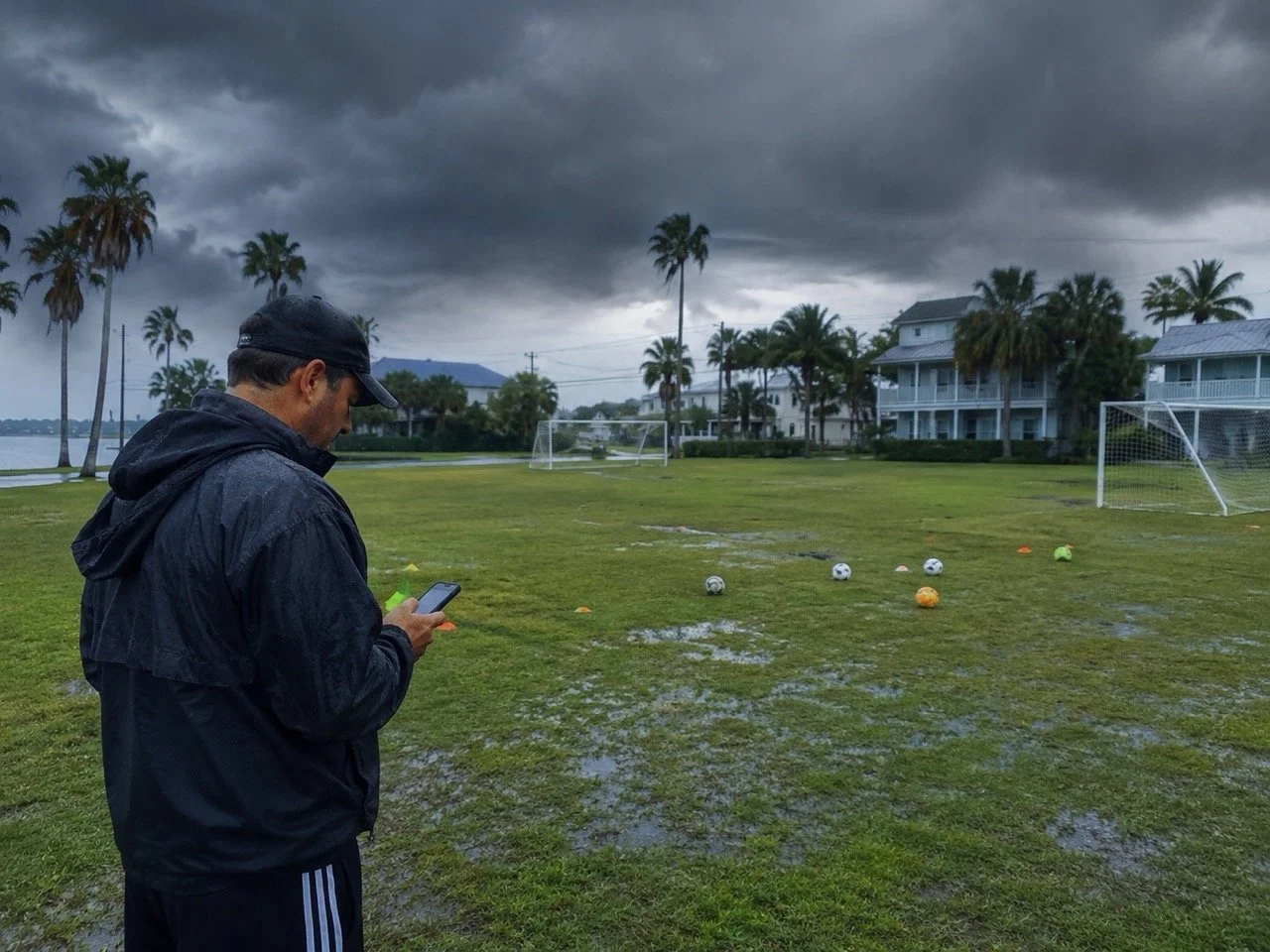 A man wearing a rain jacket and cap is looking at his phone on a wet grass field with soccer balls and goalposts, under a dark cloudy sky.
