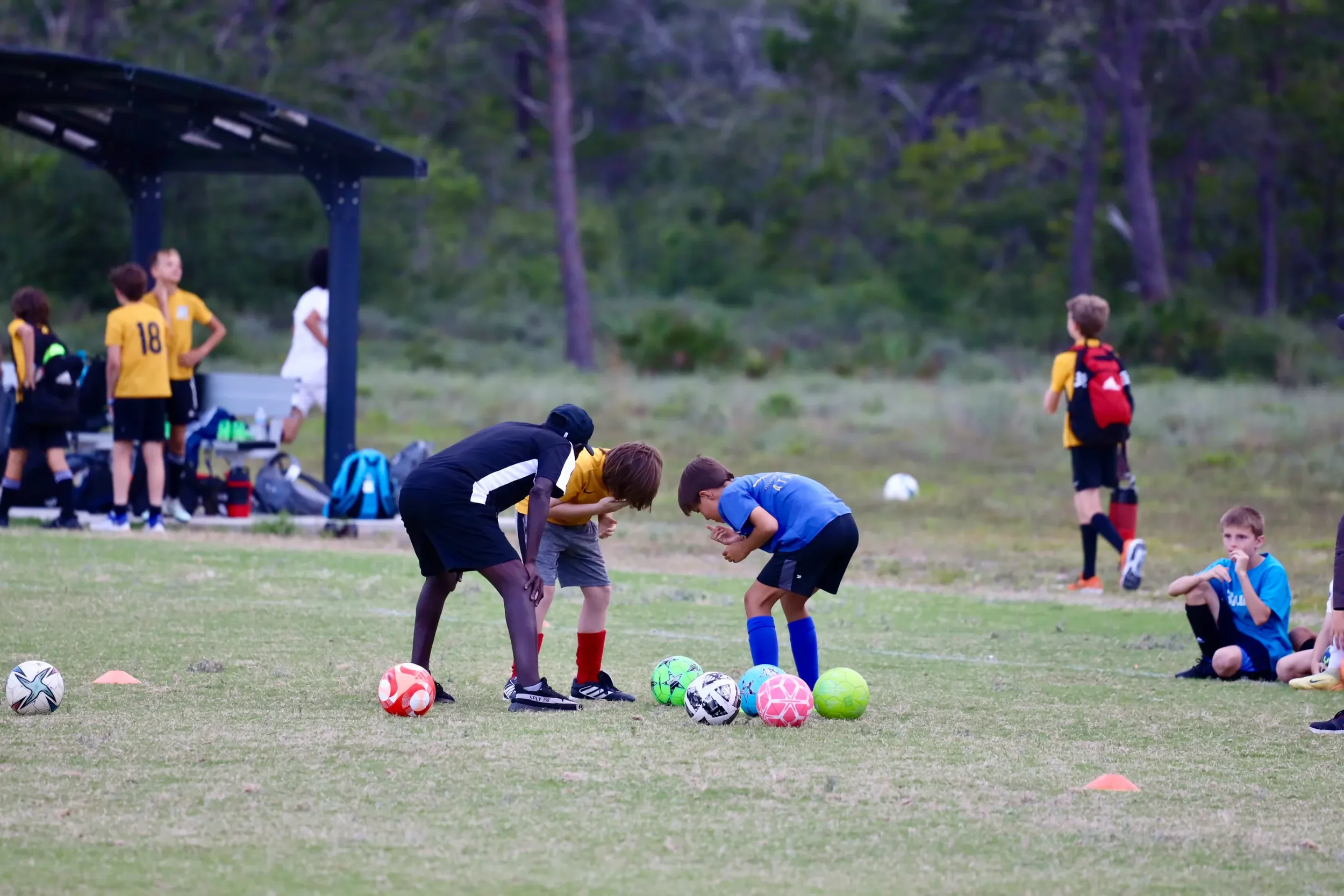 A group of children and adults on a soccer field, some kneeling and stretching, with various soccer balls lined up on the grass, and trees in the background.
