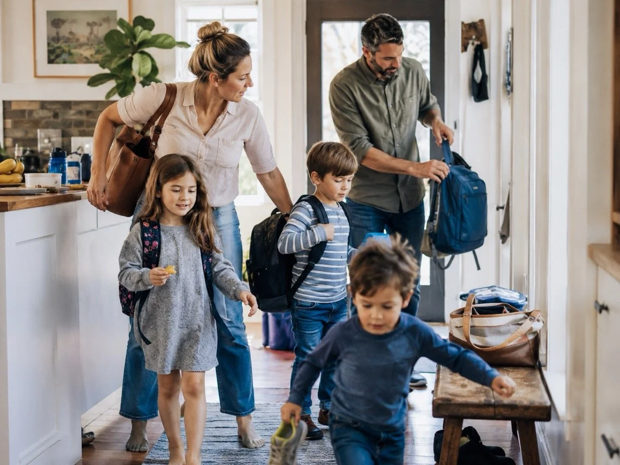 A family of five arriving home through a front door, with children carrying backpacks and parents holding bags, in a cozy kitchen and entryway.
