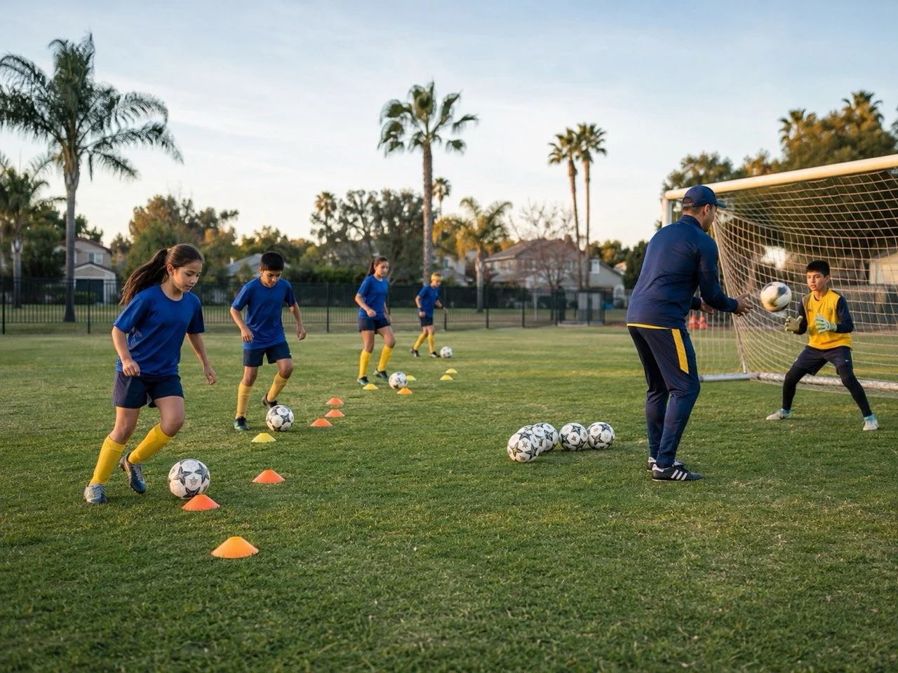 Children in blue sports uniforms practicing soccer drills on a grass field under a coach, with a soccer goal in the background.