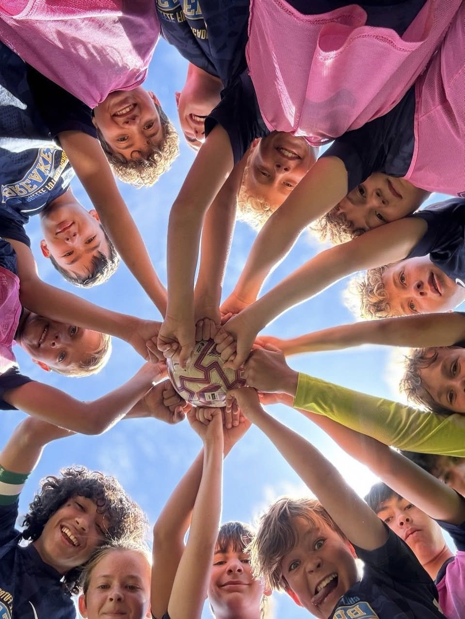 Young soccer players and coach in a circle holding a soccer ball together, taken from below with a clear blue sky background.